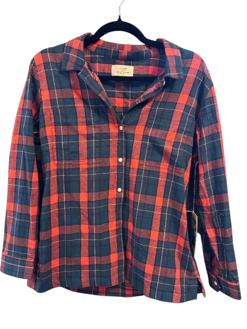Trovata Birds of Paradis Plaid Flannel Button Down Rust Navy